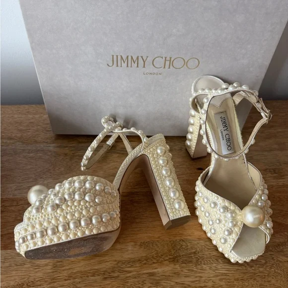 Jimmy Choo Sacaria Platform 120: Pearl-Studded Ivory Heels - Picture 6 of 10